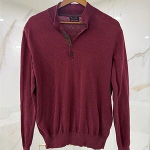 Massimo Dutti Cotton Cashmere Burgundy Henley Polo V-Neck Sweater Elbow Patches
